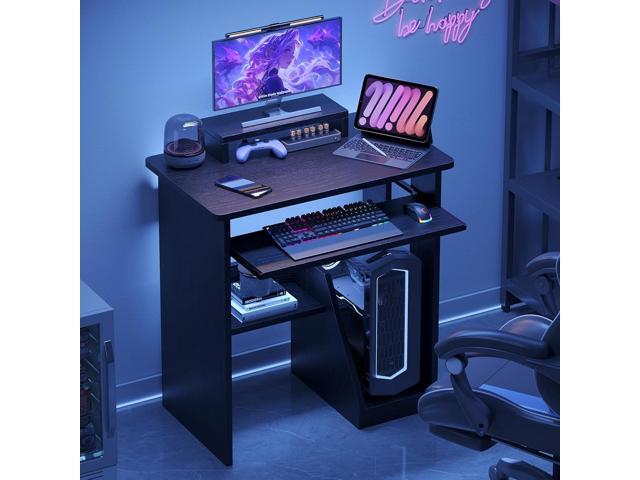 29.5 x 17.7-inch Compact Computer Desk with Monitor Stand Writing Desk with Storage Shelves Modern Home Office Workstation for Small Spaces Black