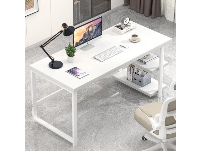 EXCEFUR White Computer Desk, Modern Home Office Desk with Storage Shelf, Wood and Metal Writing Study Table for Living Room Bedroom, 53 Inch