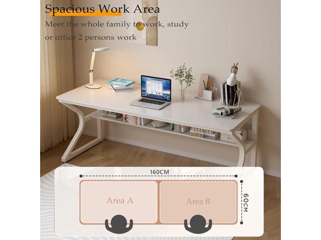 Extra Long Desk with Bookshelf - 63' Double Long Writing Table for 2-Person Workstation, Modern Study Work Computer Desk for Home and Office, Warm...