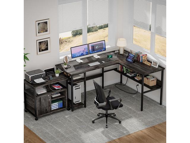 Unikito Reversible L Shaped Desk with Magic Power Outlets and USB Charging Ports, Sturdy Corner Computer Desk with Storage Shelves, Gaming Desk for...
