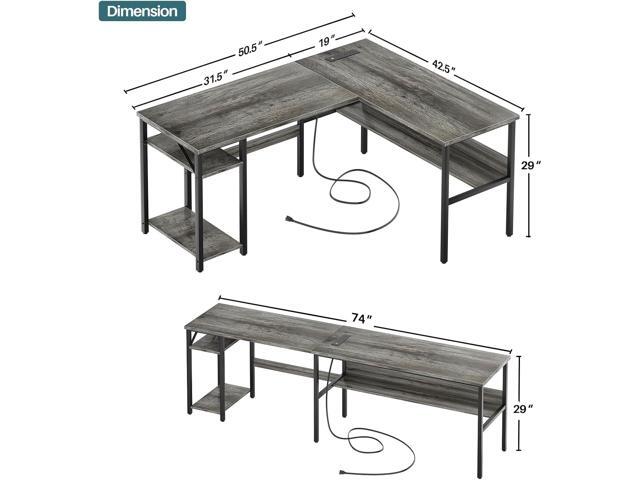Unikito Reversible L Shaped Desk with Magic Power Outlets and USB Charging Ports, Sturdy Corner Computer Desk with Storage Shelves, Gaming Desk for...