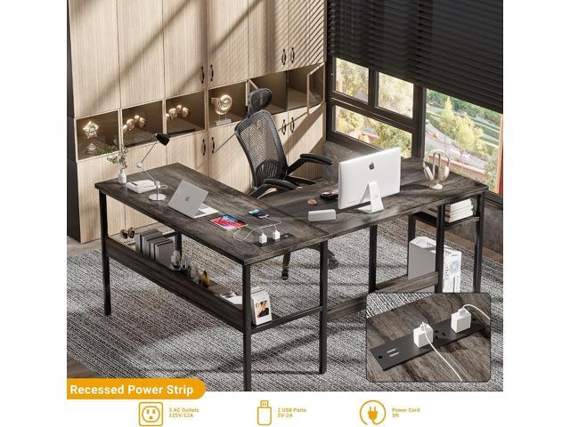 Unikito Reversible L Shaped Desk with Magic Power Outlets and USB Charging Ports, Sturdy Corner Computer Desk with Storage Shelves, Gaming Desk for...