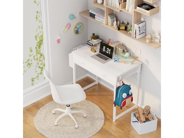 Lufeiya Small White Desk with Drawers - for Bedroom, 32 Inch Home Office Computer Desk with Fabric Storage Drawer and Bag, Study Writing Table for...