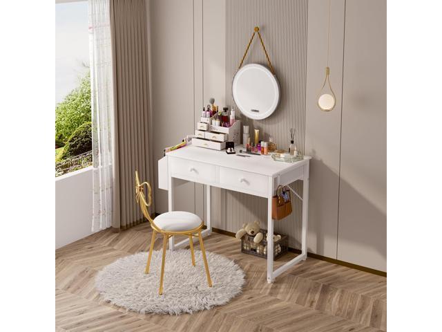 Lufeiya Small White Desk with Drawers - for Bedroom, 32 Inch Home Office Computer Desk with Fabric Storage Drawer and Bag, Study Writing Table for...