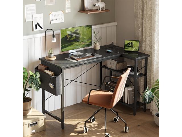 TIQLAB L Shaped Computer Desk with Power Outlets, 47 Inch Small Corner Desk with Reversible Shelves, Gaming Desk Computer Table Study Writing Table...