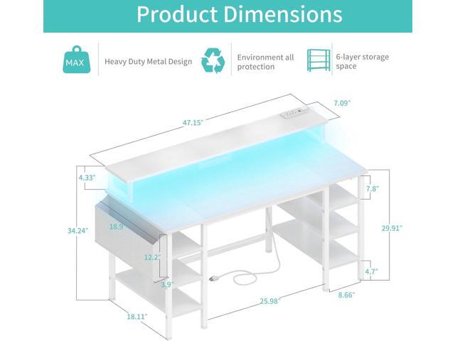 Lufeiya White Desk with Storage Shelves - 47 inch Home Office Gaming Desk with Monitor Stand, Computer Desk with LED Lights and Power Outlets, White
