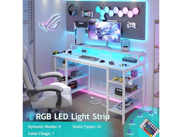 Lufeiya White Desk with Storage Shelves - 47 inch Home Office Gaming Desk with Monitor Stand, Computer Desk with LED Lights and Power Outlets, White