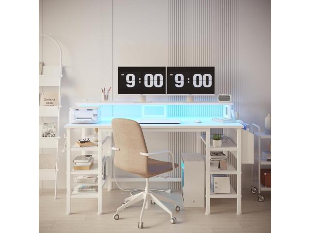 Lufeiya White Desk with Storage Shelves - 47 inch Home Office Gaming Desk with Monitor Stand, Computer Desk with LED Lights and Power Outlets, White