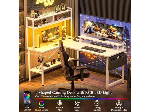 Aheaplus L Shaped Gaming Desk with Power Outlets & LED Lights, Small L- Shaped Desk Computer Corner Desk with Monitor Stand & Storage Shelf, Home...