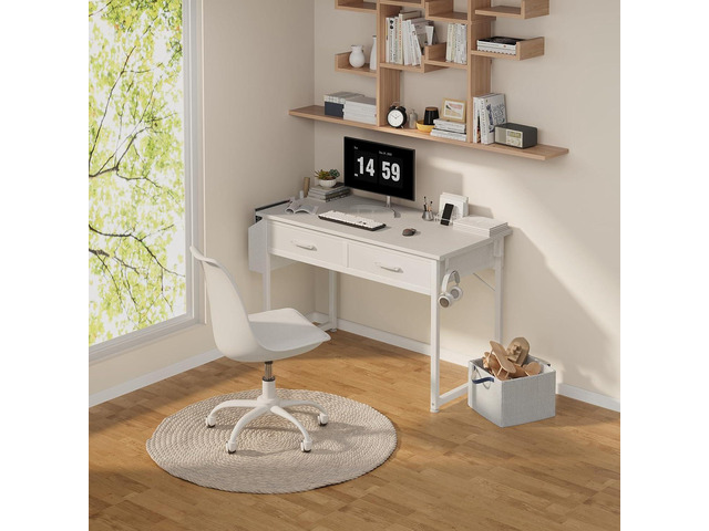 DLisiting White Computer Desk with Fabric Drawers for Home Office Bedroom, 40 Inch Small Vanity Make Up Desk with Drawer, Study Writing Table, White