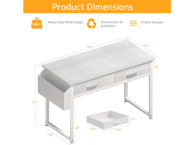 DLisiting White Computer Desk with Fabric Drawers for Home Office Bedroom, 40 Inch Small Vanity Make Up Desk with Drawer, Study Writing Table, White