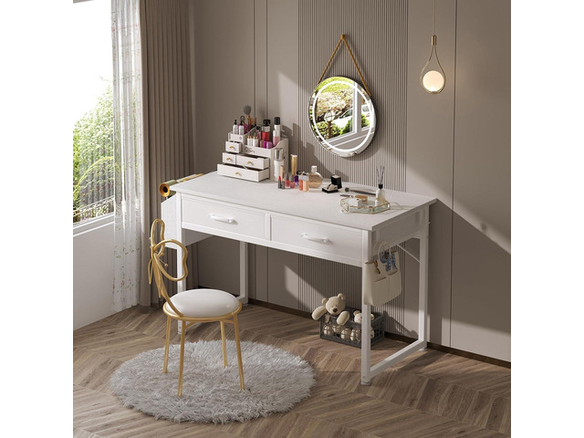 DLisiting White Computer Desk with Fabric Drawers for Home Office Bedroom, 40 Inch Small Vanity Make Up Desk with Drawer, Study Writing Table, White