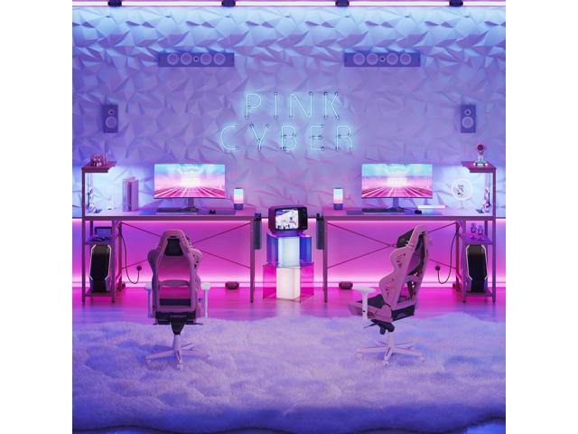 Bestier Gaming Desk with Power Outlets, 61 Inch Large Led Gamer Desk with 4 Tiers Reversible Shelves, PC Gaming Table with Headset Hook & Side...