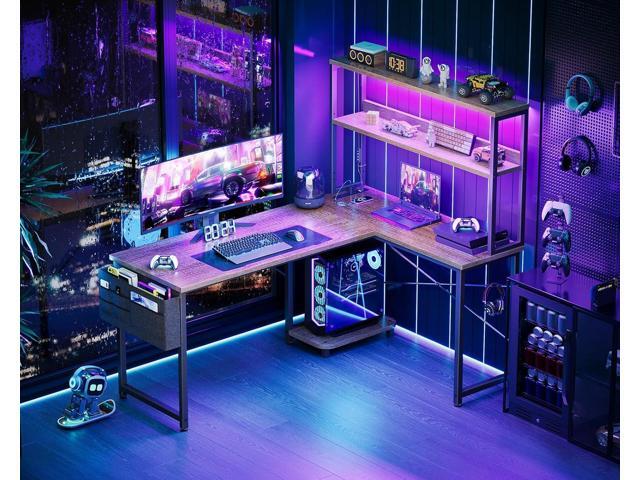 AODK L Shaped Desk Gaming Desk with LED Light & Power Outlet, 53 Inch Reversible L Shaped Computer Table with Shelf & Storage Bag & Hook for Home...
