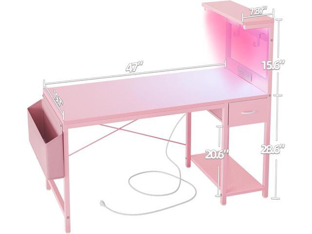 TIQLAB Gaming Desk 47 inch with Power Outlet and LED Light, Computer Desk with Reversible Shelves and Storage Drawer, Small PC Desk for Home Office...
