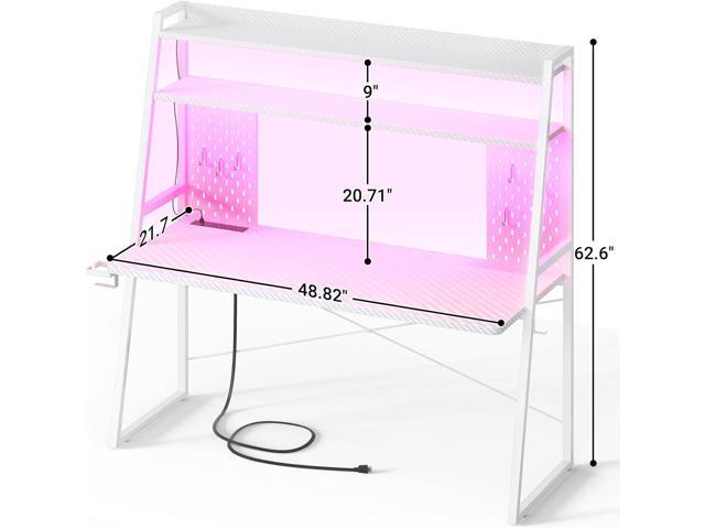 Gaming Desk with Hutch and LED Lights, Gaming Computer Desk with Power Outlets, Gamer Desk with Storage Shelves, PC Game Desk with Pegboards for...