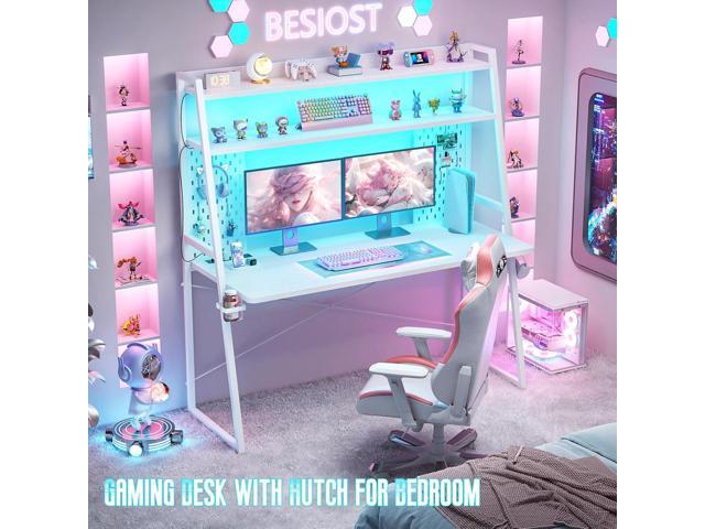Gaming Desk with Hutch and LED Lights, Gaming Computer Desk with Power Outlets, Gamer Desk with Storage Shelves, PC Game Desk with Pegboards for...