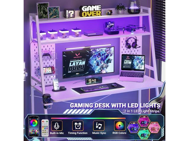 Gaming Desk with Hutch and LED Lights, Gaming Computer Desk with Power Outlets, Gamer Desk with Storage Shelves, PC Game Desk with Pegboards for...