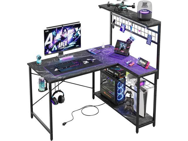 Bestier 42 L Shaped Gaming Desk, Computer Desk with Power Outlets & LED Light, Reversible Corner Desk with Shelves, Home Office Desk with Storage,...