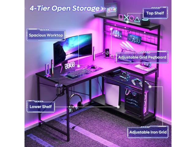Bestier 42 L Shaped Gaming Desk, Computer Desk with Power Outlets & LED Light, Reversible Corner Desk with Shelves, Home Office Desk with Storage,...