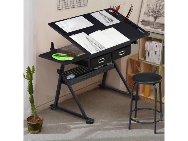 Yaheetech Drafting Table for Artists, Height Adjustable Drawing Desk Art/Craft Desk Diamond Paintings Work Station w/ 2 Storage Drawers and Stool...