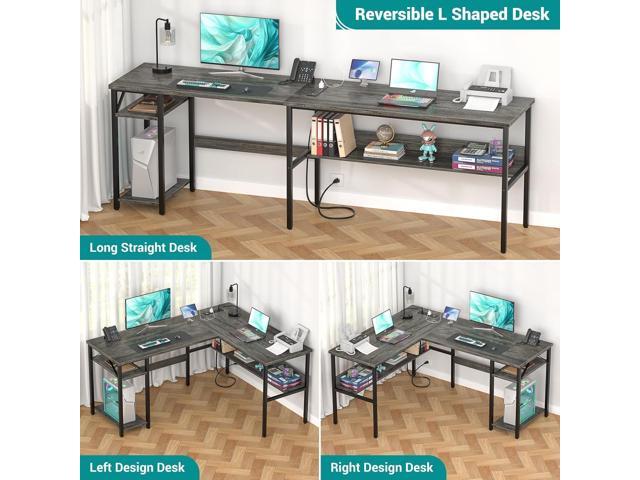 Reversible L Shaped Gaming Desk with Power Outlets and USB Charging Ports, Sturdy Computer Desk with Storage Shelf, Modern Corner Desk Home Office...