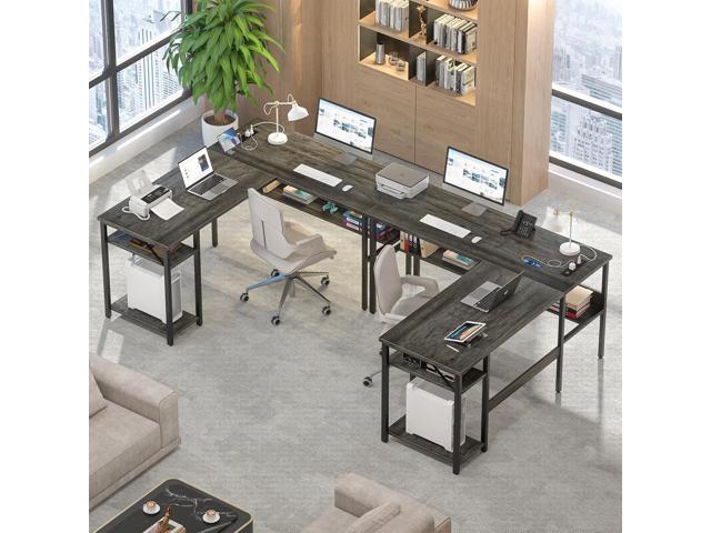Reversible L Shaped Gaming Desk with Power Outlets and USB Charging Ports, Sturdy Computer Desk with Storage Shelf, Modern Corner Desk Home Office...