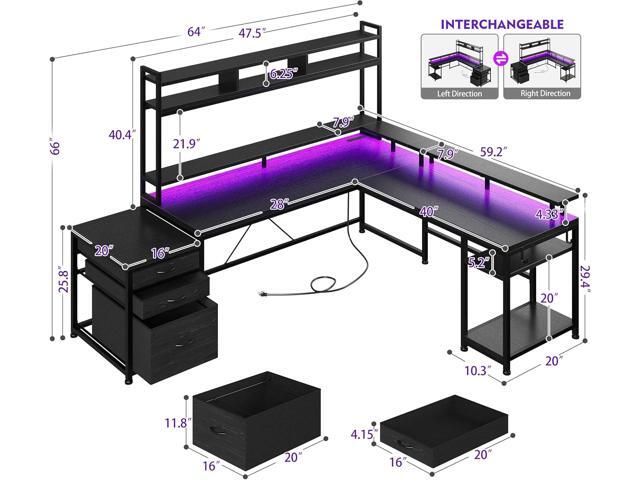 EnHomee L Shaped Gaming Desk with LED Black Gaming Desk with Drawers & Storage Shelf Reversible Large Computer Desk with Monitor Stand & Power...