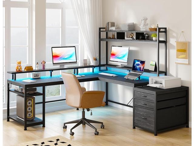 EnHomee L Shaped Gaming Desk with LED Black Gaming Desk with Drawers & Storage Shelf Reversible Large Computer Desk with Monitor Stand & Power...