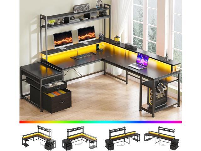 EnHomee L Shaped Gaming Desk with LED Black Gaming Desk with Drawers & Storage Shelf Reversible Large Computer Desk with Monitor Stand & Power...