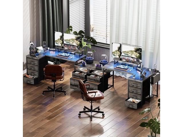 Unikito 70.8' Reversible L Shaped Computer Desk with Fabric File Drawers, Corner Desk with RGB LED Light & Power Outlets & Monitor Stand, Large...