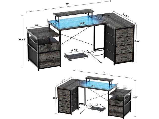 Unikito 70.8' Reversible L Shaped Computer Desk with Fabric File Drawers, Corner Desk with RGB LED Light & Power Outlets & Monitor Stand, Large...