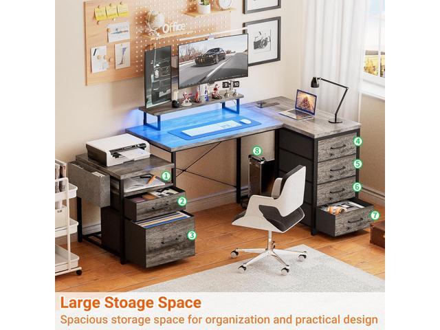 Unikito 70.8' Reversible L Shaped Computer Desk with Fabric File Drawers, Corner Desk with RGB LED Light & Power Outlets & Monitor Stand, Large...