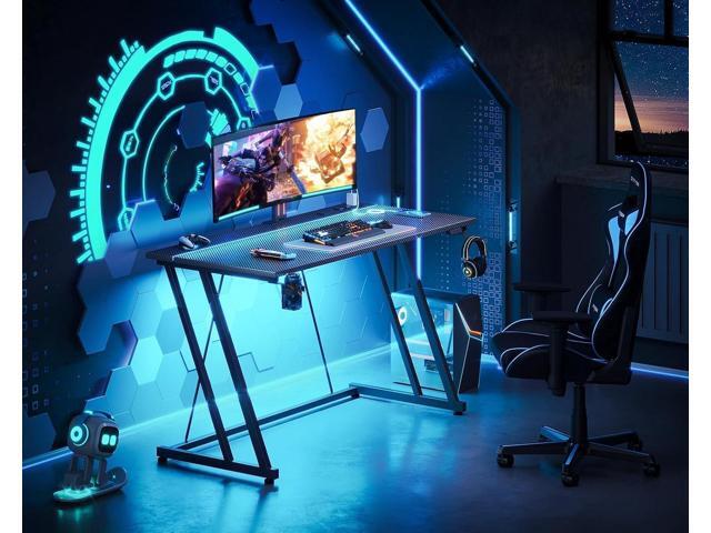 MOTPK Gaming Desk with LED Lights & Power Outlet, Computer Desk 47inch for Small Space, Cheap Gaming Table with Carbon Fiber Texture, Kids Desk...