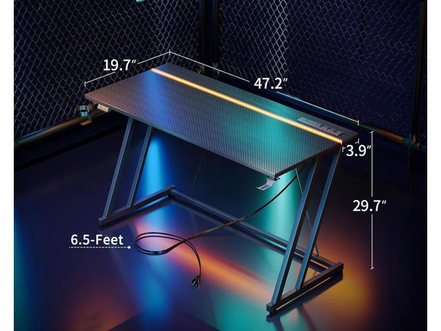 MOTPK Gaming Desk with LED Lights & Power Outlet, Computer Desk 47inch for Small Space, Cheap Gaming Table with Carbon Fiber Texture, Kids Desk...