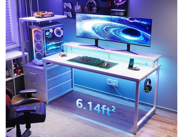 AODK 59 Inch Gaming Desk with USB Charging Ports & LED Light- Reversible Computer Desk with Storage Shelves & Monitor Stand, Modern Gamer Desk...