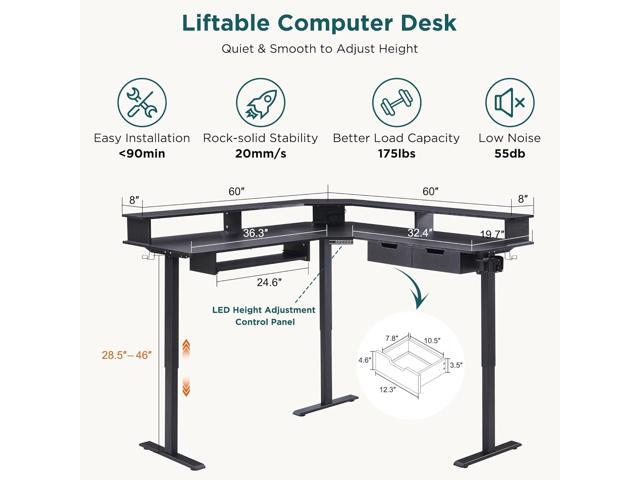 RedLemon 60 Inches L Shaped Electric Standing Desk, Height Adjustable Corner Gaming Desk with Drawers, Power Outlets & LED Lights, Comnputer Desk...