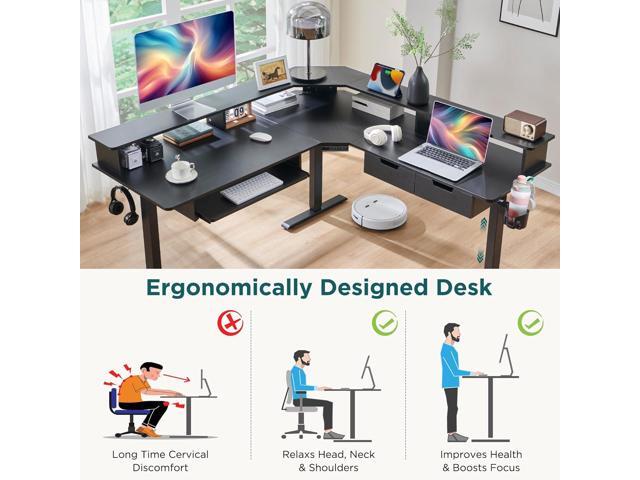RedLemon 60 Inches L Shaped Electric Standing Desk, Height Adjustable Corner Gaming Desk with Drawers, Power Outlets & LED Lights, Comnputer Desk...