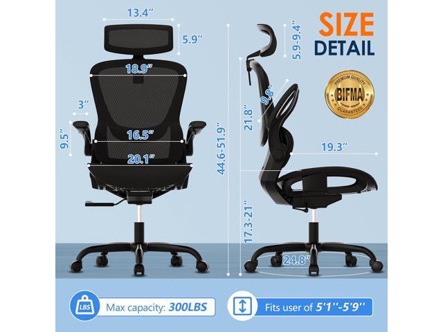 GABRYLLY Ergonomic Mesh Office Chair, Adjustable Home Desk Chair with Folding Armrest, 2D Headrest, Soft Seat and PU Wheel, Black Swivel Task Chair...