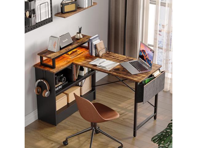 Bestier Small L Shaped Desk with LED Lights, 42 Reversible Computer Desk with Open Storage Cabinet & Monitor Stand, Corner Desk with Side Storage...