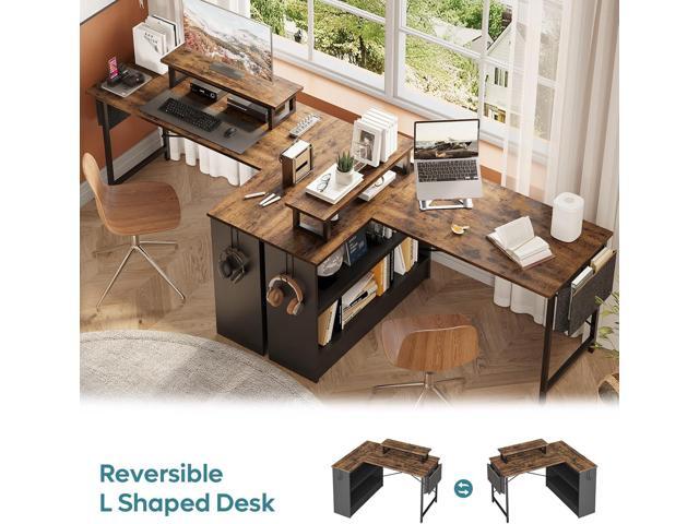 Bestier Small L Shaped Desk with LED Lights, 42 Reversible Computer Desk with Open Storage Cabinet & Monitor Stand, Corner Desk with Side Storage...