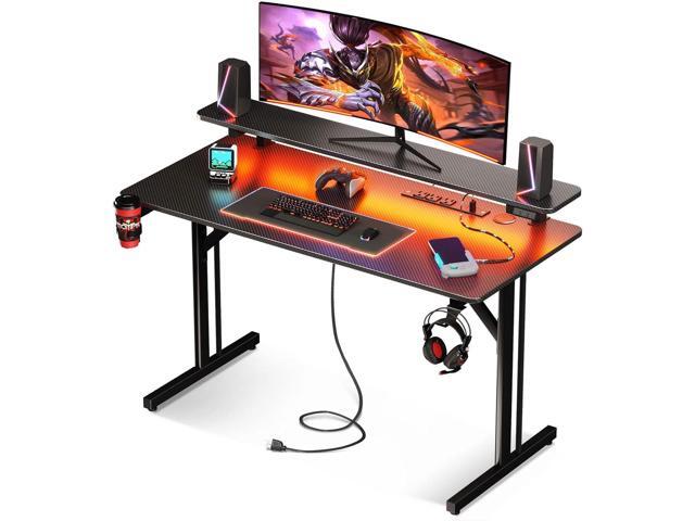 MOTPK 39 Inch Small Gaming Desk with LED Lights & Power Outlets, Computer Desk Gaming Table with Monitor Shelf, Gamer Desk with Carbon Fiber...