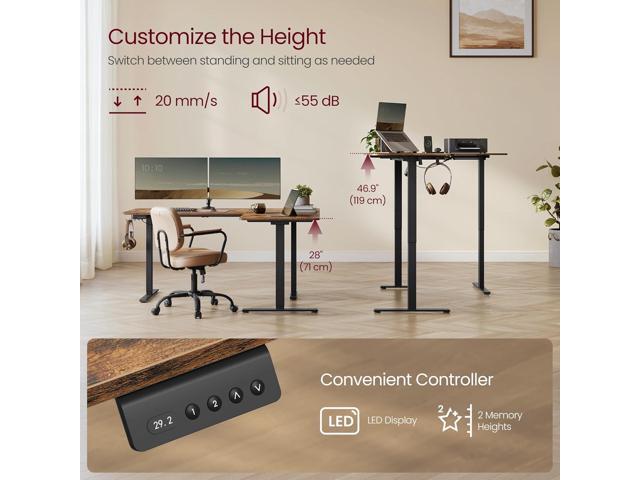 VASAGLE L-Shaped Electric Standing Desk, Corner Desk with Power Outlets, Height Adjustable Computer Desk, Gaming Desk, Memory Function, Easy to...