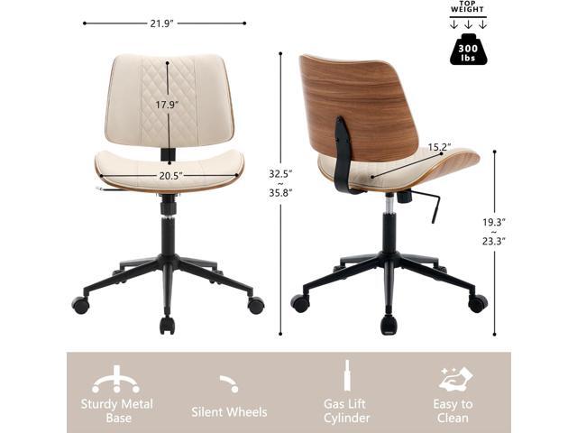 Home Office Chair No Arms with Wheels, Adjustable Height Small Desk Chair, PU Leather Mid Back 360 Swivel Computer Chair, Armless Modern Walnut...