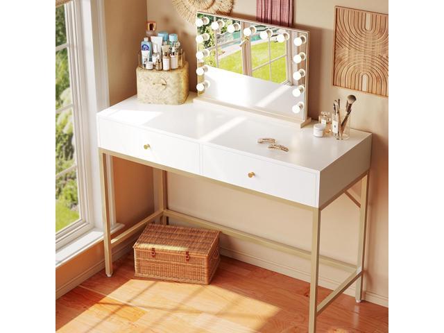 SUPERJARE 39.4' White and Gold Desk with 2 Drawers, Modern Makeup Vanity Desk, Small Computer Desk Home Office Desk for Writing Study Bedroom