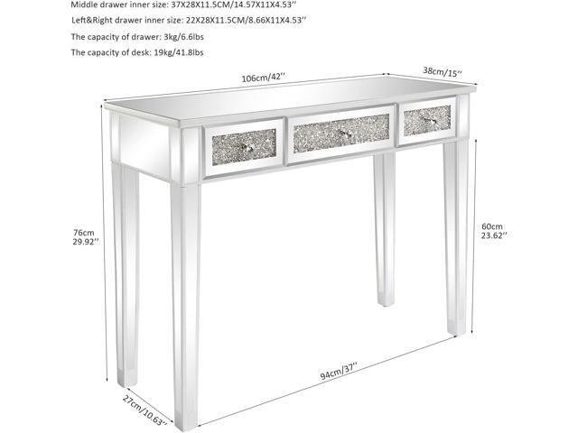Karl home Mirrored Desk with 3 Drawers Silver Console Table Mirror Sofa Table with Crystal Inlay Front for Living Room, Entryway, Foyer, 42 Inch