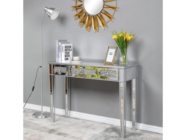 Karl home Mirrored Desk with 3 Drawers Silver Console Table Mirror Sofa Table with Crystal Inlay Front for Living Room, Entryway, Foyer, 42 Inch