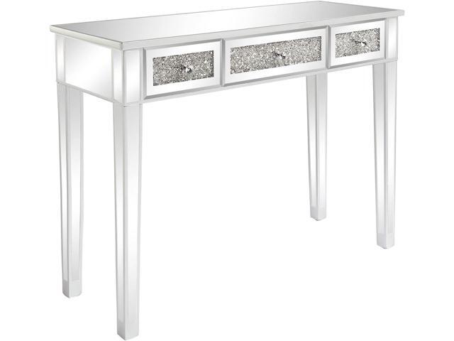 Karl home Mirrored Desk with 3 Drawers Silver Console Table Mirror Sofa Table with Crystal Inlay Front for Living Room, Entryway, Foyer, 42 Inch