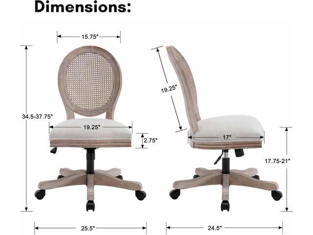 LukeAlon Rattan Back Linen Office Chair, Adjustable Height Swivel Task Chair with Wood Frame Armless Desk Chair with Wheels Upholstered Round Back...