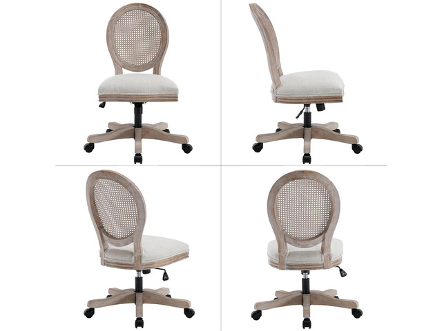 LukeAlon Rattan Back Linen Office Chair, Adjustable Height Swivel Task Chair with Wood Frame Armless Desk Chair with Wheels Upholstered Round Back...